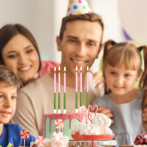 TaoBary 24 Pcs Green and Pink Birthday Candles for Cake, Witch Birthday Cake Candles, Glitter Sparkly, Cute Cupcake Topper for Witch Wedding Baby Shower Glitter Party Decorations in Saudi Arabia