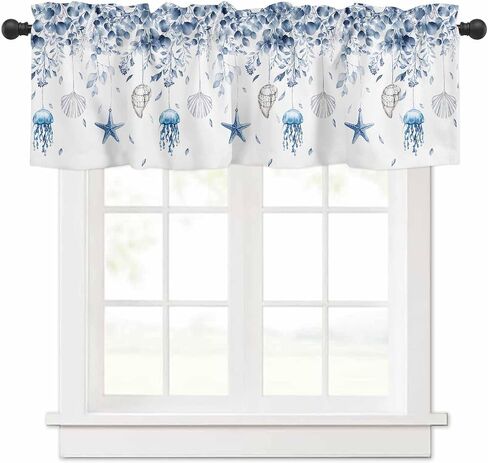 Blue Coastal Curtain Valances for Windows, Eucalyptus Leaf Kitchen Valance Window Treatment, Spring Beach Starfish Light Filtering Block Curtains for Bathroom/Bedroom/Living Room 54'' x 18'' in Saudi Arabia