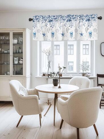 Blue Coastal Curtain Valances for Windows, Eucalyptus Leaf Kitchen Valance Window Treatment, Spring Beach Starfish Light Filtering Block Curtains for Bathroom/Bedroom/Living Room 54'' x 18'' in Saudi Arabia