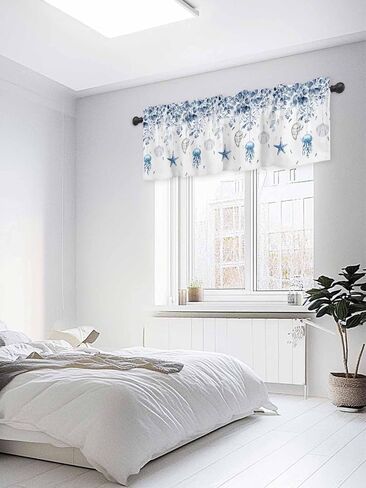 Blue Coastal Curtain Valances for Windows, Eucalyptus Leaf Kitchen Valance Window Treatment, Spring Beach Starfish Light Filtering Block Curtains for Bathroom/Bedroom/Living Room 54'' x 18'' in Saudi Arabia
