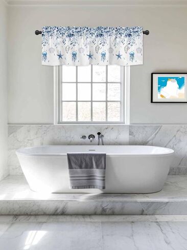 Blue Coastal Curtain Valances for Windows, Eucalyptus Leaf Kitchen Valance Window Treatment, Spring Beach Starfish Light Filtering Block Curtains for Bathroom/Bedroom/Living Room 54'' x 18'' in Saudi Arabia