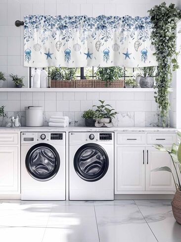 Blue Coastal Curtain Valances for Windows, Eucalyptus Leaf Kitchen Valance Window Treatment, Spring Beach Starfish Light Filtering Block Curtains for Bathroom/Bedroom/Living Room 54'' x 18'' in Saudi Arabia