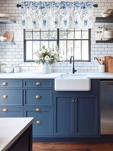 Blue Coastal Curtain Valances for Windows, Eucalyptus Leaf Kitchen Valance Window Treatment, Spring Beach Starfish Light Filtering Block Curtains for Bathroom/Bedroom/Living Room 54'' x 18'' in Saudi Arabia