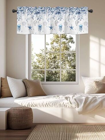 Blue Coastal Curtain Valances for Windows, Eucalyptus Leaf Kitchen Valance Window Treatment, Spring Beach Starfish Light Filtering Block Curtains for Bathroom/Bedroom/Living Room 54'' x 18'' in Saudi Arabia