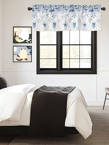 Blue Coastal Curtain Valances for Windows, Eucalyptus Leaf Kitchen Valance Window Treatment, Spring Beach Starfish Light Filtering Block Curtains for Bathroom/Bedroom/Living Room 54'' x 18'' in Saudi Arabia