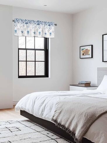 Blue Coastal Curtain Valances for Windows, Eucalyptus Leaf Kitchen Valance Window Treatment, Spring Beach Starfish Light Filtering Block Curtains for Bathroom/Bedroom/Living Room 54'' x 18'' in Saudi Arabia