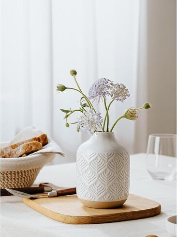 Small Boho Flower Vase for Decor, 5.3 Inch Vases for Centerpiece, Ceramic Vase for Rustic Farmhouse Decor, Bookshelf, Living Room, Table, Bedroom, Arctic White in Saudi Arabia