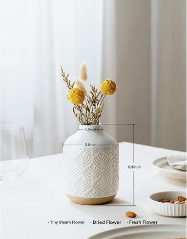 Small Boho Flower Vase for Decor, 5.3 Inch Vases for Centerpiece, Ceramic Vase for Rustic Farmhouse Decor, Bookshelf, Living Room, Table, Bedroom, Arctic White in Saudi Arabia