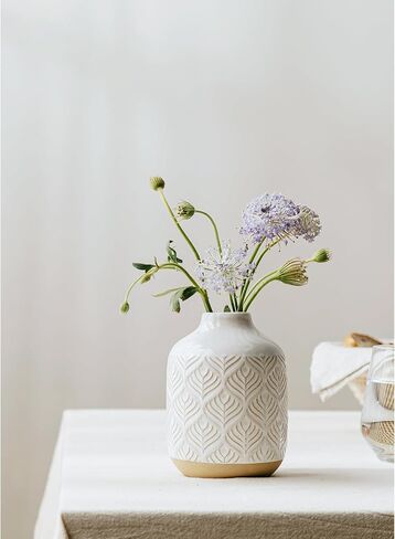 Small Boho Flower Vase for Decor, 5.3 Inch Vases for Centerpiece, Ceramic Vase for Rustic Farmhouse Decor, Bookshelf, Living Room, Table, Bedroom, Arctic White in Saudi Arabia