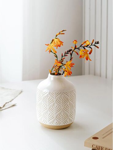 Small Boho Flower Vase for Decor, 5.3 Inch Vases for Centerpiece, Ceramic Vase for Rustic Farmhouse Decor, Bookshelf, Living Room, Table, Bedroom, Arctic White in Saudi Arabia