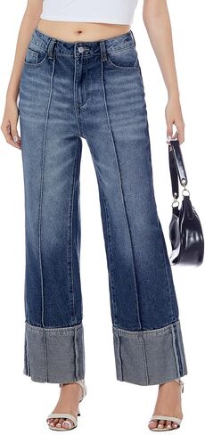 Ladyful Womens Straight Leg Cuffed Jeans High Waisted Boyfriend Wide Leg Denim Pant Trouser Trendy Outfit in Kuwait