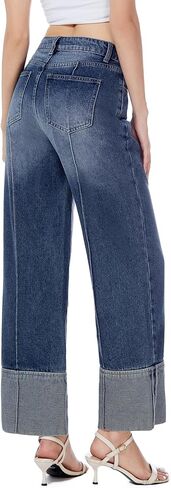 Ladyful Womens Straight Leg Cuffed Jeans High Waisted Boyfriend Wide Leg Denim Pant Trouser Trendy Outfit in Kuwait
