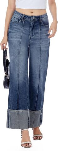 Ladyful Womens Straight Leg Cuffed Jeans High Waisted Boyfriend Wide Leg Denim Pant Trouser Trendy Outfit in Kuwait