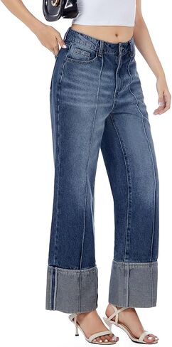 Ladyful Womens Straight Leg Cuffed Jeans High Waisted Boyfriend Wide Leg Denim Pant Trouser Trendy Outfit in Kuwait