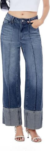 Ladyful Womens Straight Leg Cuffed Jeans High Waisted Boyfriend Wide Leg Denim Pant Trouser Trendy Outfit in Kuwait