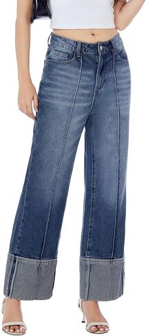 Ladyful Womens Straight Leg Cuffed Jeans High Waisted Boyfriend Wide Leg Denim Pant Trouser Trendy Outfit in Kuwait