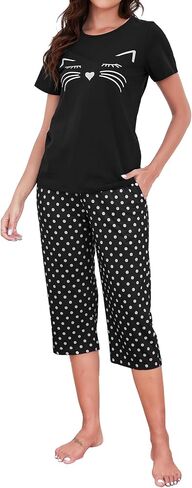 Womens Capri Pajama مجموعات القطن الصيفي قصير الأكمام و Capri Pants 2 قطعة صالة Sleepwear Sleaf Cat Print Pjs in Kuwait