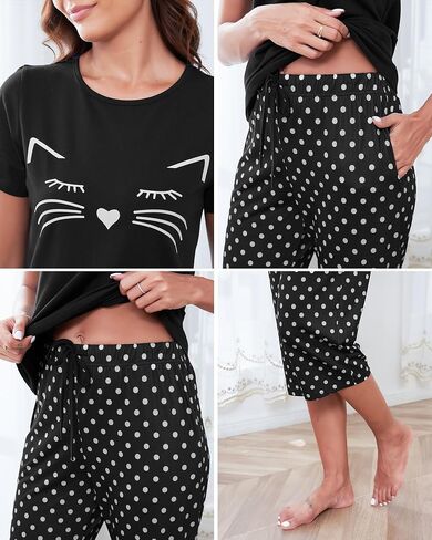 Womens Capri Pajama مجموعات القطن الصيفي قصير الأكمام و Capri Pants 2 قطعة صالة Sleepwear Sleaf Cat Print Pjs in Kuwait