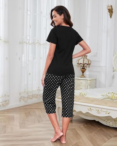 Womens Capri Pajama مجموعات القطن الصيفي قصير الأكمام و Capri Pants 2 قطعة صالة Sleepwear Sleaf Cat Print Pjs in Kuwait