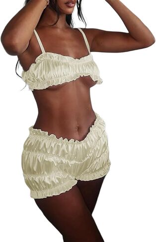 Women Leopard lingerie Pajama Set Sexy Frill Trimmed Bra Ruched Lolita Bloomers Pj Shorts Babydoll Sleepwear in Kuwait