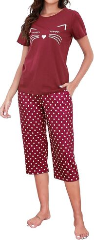 Womens Capri Pajama مجموعات القطن الصيفي قصير الأكمام و Capri Pants 2 قطعة صالة Sleepwear Sleaf Cat Print Pjs in Kuwait