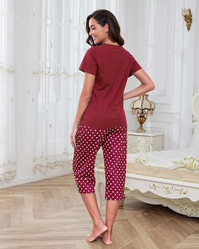 Womens Capri Pajama مجموعات القطن الصيفي قصير الأكمام و Capri Pants 2 قطعة صالة Sleepwear Sleaf Cat Print Pjs in Kuwait