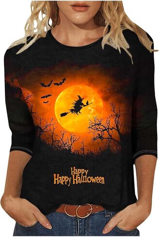 Halloween Shirts for Women 3/4 Length Sleeve Tops Cute Graphic Tshirt Crewneck Novelty T-Shirt Ghost Print Tee Shirt in Saudi Arabia