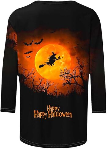 Halloween Shirts for Women 3/4 Length Sleeve Tops Cute Graphic Tshirt Crewneck Novelty T-Shirt Ghost Print Tee Shirt in Saudi Arabia
