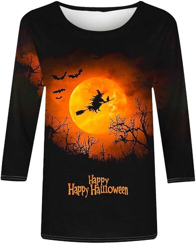 Halloween Shirts for Women 3/4 Length Sleeve Tops Cute Graphic Tshirt Crewneck Novelty T-Shirt Ghost Print Tee Shirt in Saudi Arabia