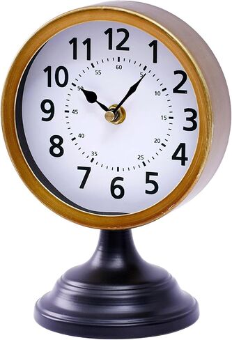 Vintage Metal Desk Clock with Wooden Base, Decorative Table Clock for Living Room, Silent Mantel Clocks Farmhouse Shelf Decor Battery Operated, 10 x 8 x 4.5 Inches, Black in Saudi Arabia