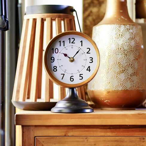 Vintage Metal Desk Clock with Wooden Base, Decorative Table Clock for Living Room, Silent Mantel Clocks Farmhouse Shelf Decor Battery Operated, 10 x 8 x 4.5 Inches, Black in Saudi Arabia