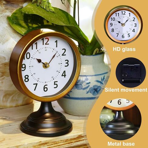 Vintage Metal Desk Clock with Wooden Base, Decorative Table Clock for Living Room, Silent Mantel Clocks Farmhouse Shelf Decor Battery Operated, 10 x 8 x 4.5 Inches, Black in Saudi Arabia