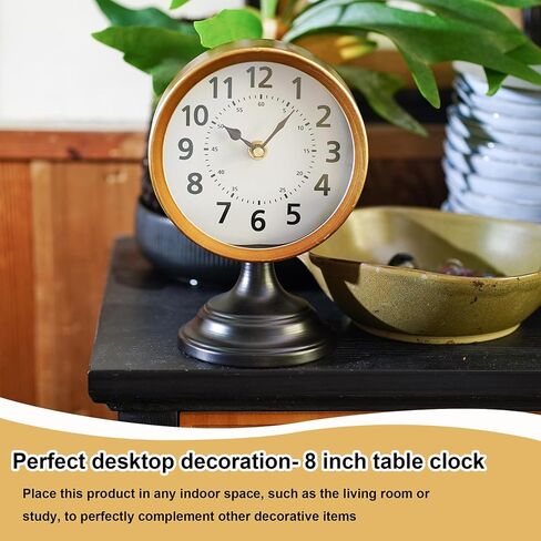 Vintage Metal Desk Clock with Wooden Base, Decorative Table Clock for Living Room, Silent Mantel Clocks Farmhouse Shelf Decor Battery Operated, 10 x 8 x 4.5 Inches, Black in Saudi Arabia