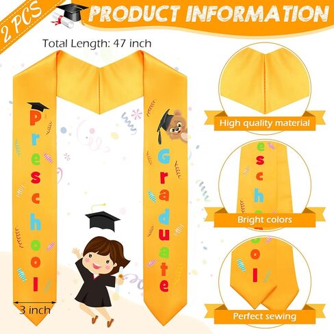 2 Pieces Yellow Kindergarten Graduation Stole 2025 Kids Graduation Sash Grad Classroom Party Favors Class of 2025 Graduate Gift in Kuwait