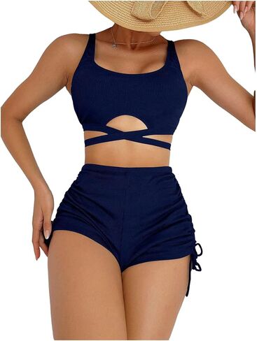 SHENHE Women's 2 Piece Swimsuit with Shorts High Waisted Ruched Boyshort Bikini Set Swimwear in Saudi Arabia