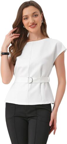 Allegra K Cap Sleeve Dressy Top for Women's Boat Neck Office Work Belted Peplum Tops in Saudi Arabia