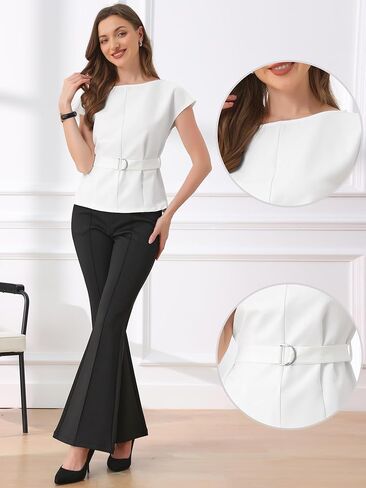 Allegra K Cap Sleeve Dressy Top for Women's Boat Neck Office Work Belted Peplum Tops in Saudi Arabia
