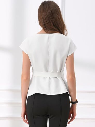 Allegra K Cap Sleeve Dressy Top for Women's Boat Neck Office Work Belted Peplum Tops in Saudi Arabia