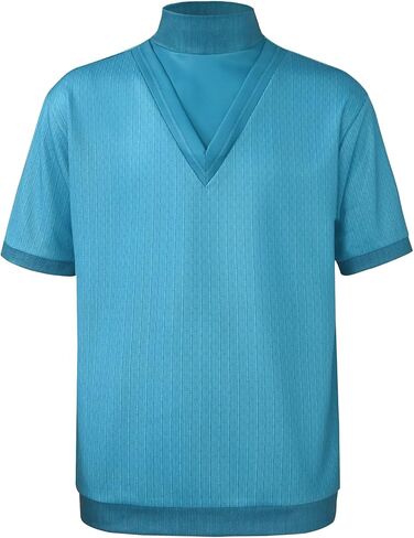 Men Blue Sleeve Blocky Costume Classic Style Pullover Semi-high V-neck Collar Shirts for Adult Men in Saudi Arabia