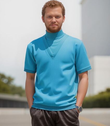 Men Blue Sleeve Blocky Costume Classic Style Pullover Semi-high V-neck Collar Shirts for Adult Men in Saudi Arabia