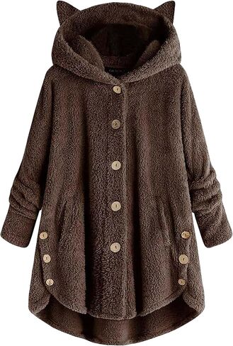 YMING Women Plush Fleece Jacket Cat Ear Long Sleeve Cap Hooded Tops Plus Size Button Winter Warm Outwear Coat in Saudi Arabia