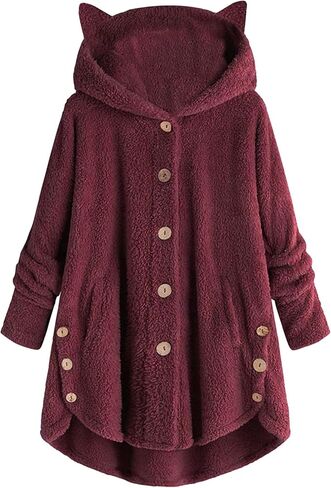 YMING Women Plush Fleece Jacket Cat Ear Long Sleeve Cap Hooded Tops Plus Size Button Winter Warm Outwear Coat in Saudi Arabia