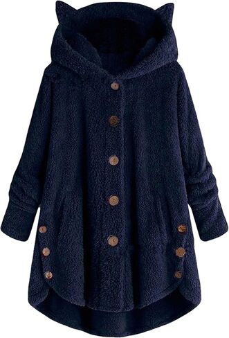 YMING Women Plush Fleece Jacket Cat Ear Long Sleeve Cap Hooded Tops Plus Size Button Winter Warm Outwear Coat in Saudi Arabia