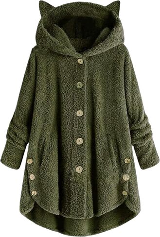 YMING Women Plush Fleece Jacket Cat Ear Long Sleeve Cap Hooded Tops Plus Size Button Winter Warm Outwear Coat in Saudi Arabia