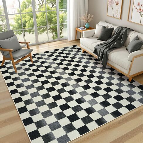 Seavish Ombre Checkered Rug, 8x10 Black and White Rugs for Living Room, Low Pile Soft Bedroom Rug Under Bed Non-Slip Large Checkerboard Modern Neutral Area Rug for Dining Room Playroom in Saudi Arabia