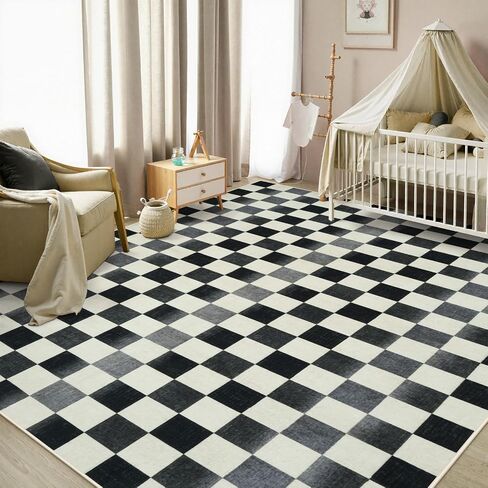 Seavish Ombre Checkered Rug, 8x10 Black and White Rugs for Living Room, Low Pile Soft Bedroom Rug Under Bed Non-Slip Large Checkerboard Modern Neutral Area Rug for Dining Room Playroom in Saudi Arabia