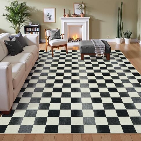 Seavish Ombre Checkered Rug, 8x10 Black and White Rugs for Living Room, Low Pile Soft Bedroom Rug Under Bed Non-Slip Large Checkerboard Modern Neutral Area Rug for Dining Room Playroom in Saudi Arabia