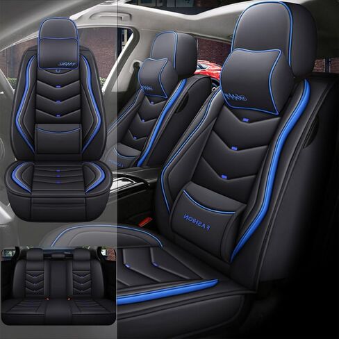 Car Seat Cover for VW Arteon 2019-2023, Waterproof and Dustproof Seat Covers, Airbag Compatible, Premium Nappa Leather seat Protector（Black&Blue, 5 Seats with Pillow） in Saudi Arabia