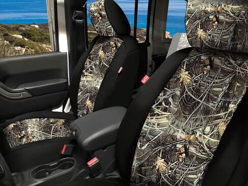 CarsCover Custom Fit 2011-2018 Jeep Wrangler Unlimited 4dr JK Wetsuit Neoprene Car SUV Wagon Front Seat Covers Camo and Black Sides Driver & Passenger Real Maple Forest Tree Leaf Camouflage Cover in Saudi Arabia