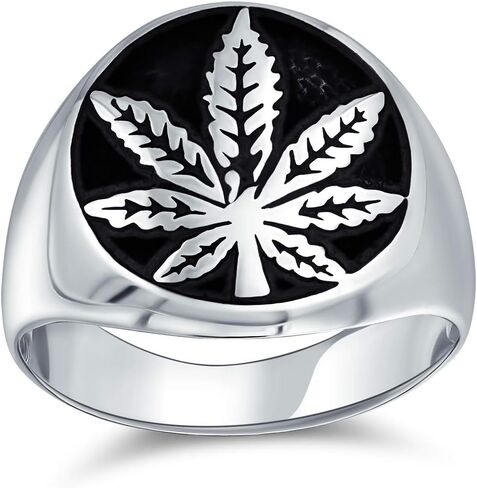 Personalized Unisex Cannabis Weed Jewelry Marijuana Leaf Medallion Flat Round Signet Marijuana Leaf Ring Western Jewelry For Men Oxidized .925 Sterling Silver Handmade In Turkey Customizable in Saudi Arabia